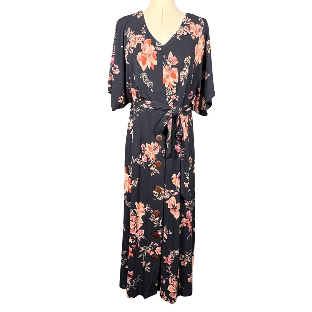 J.Jill Botanical Brunches Navy Blue Floral Button Front Midi Dress Medium - Picture 2 of 16